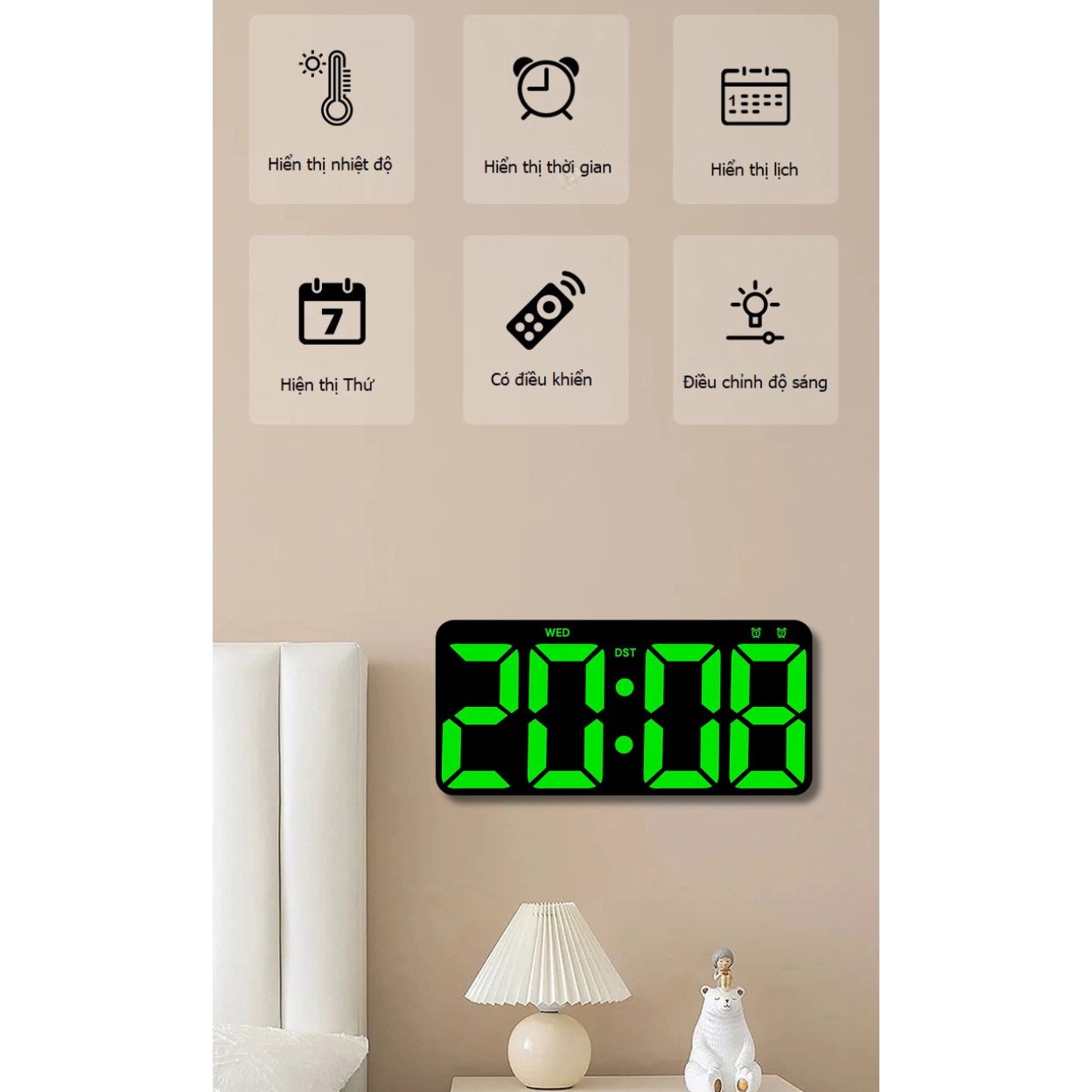 Đồng hồ LED treo tường 2804 hiển thị giờ, nhiệt độ, lịch