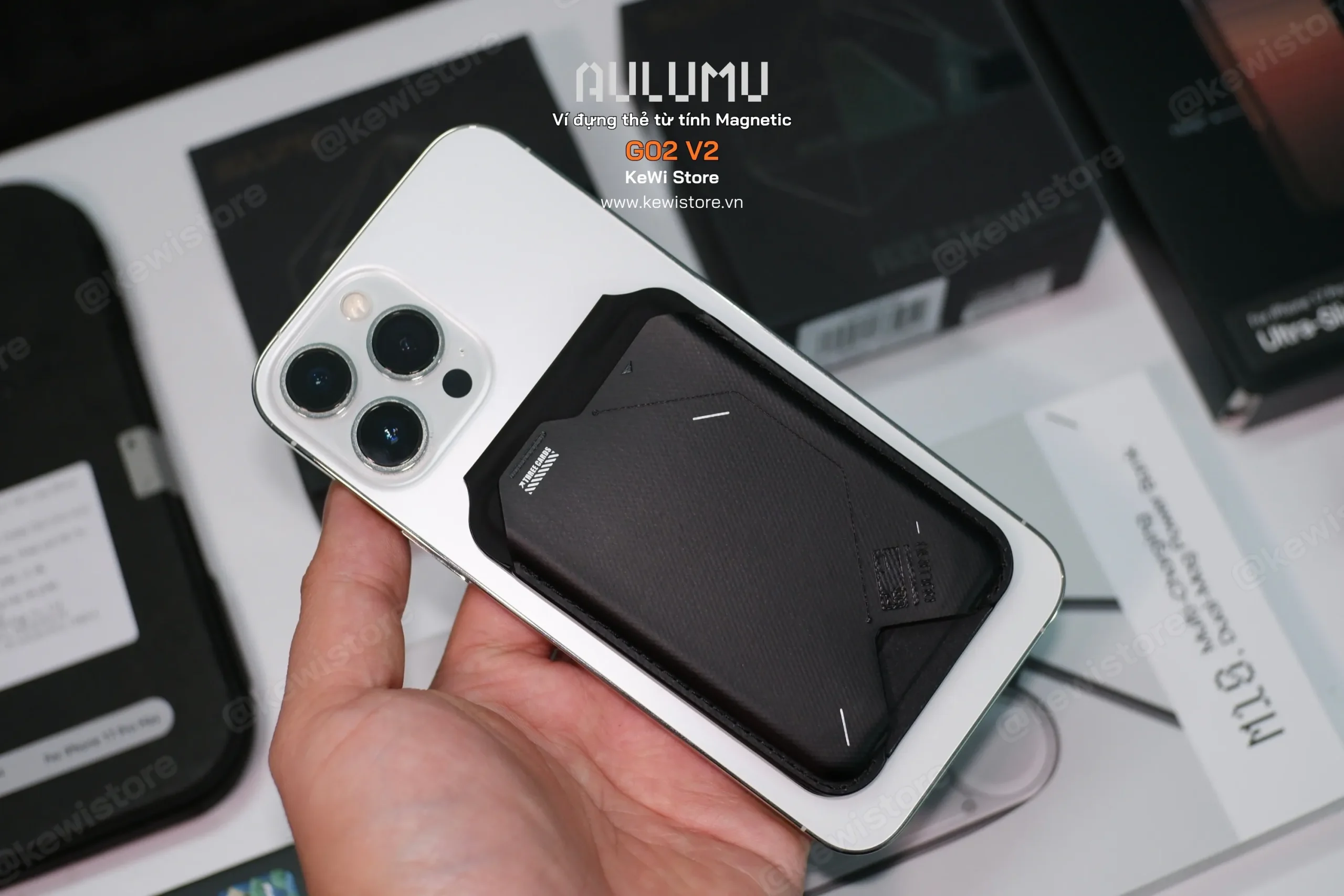 Ví Aulumu G02 MagSafe kiêm chân đế mỏng nhẹ đựng 3 thẻ