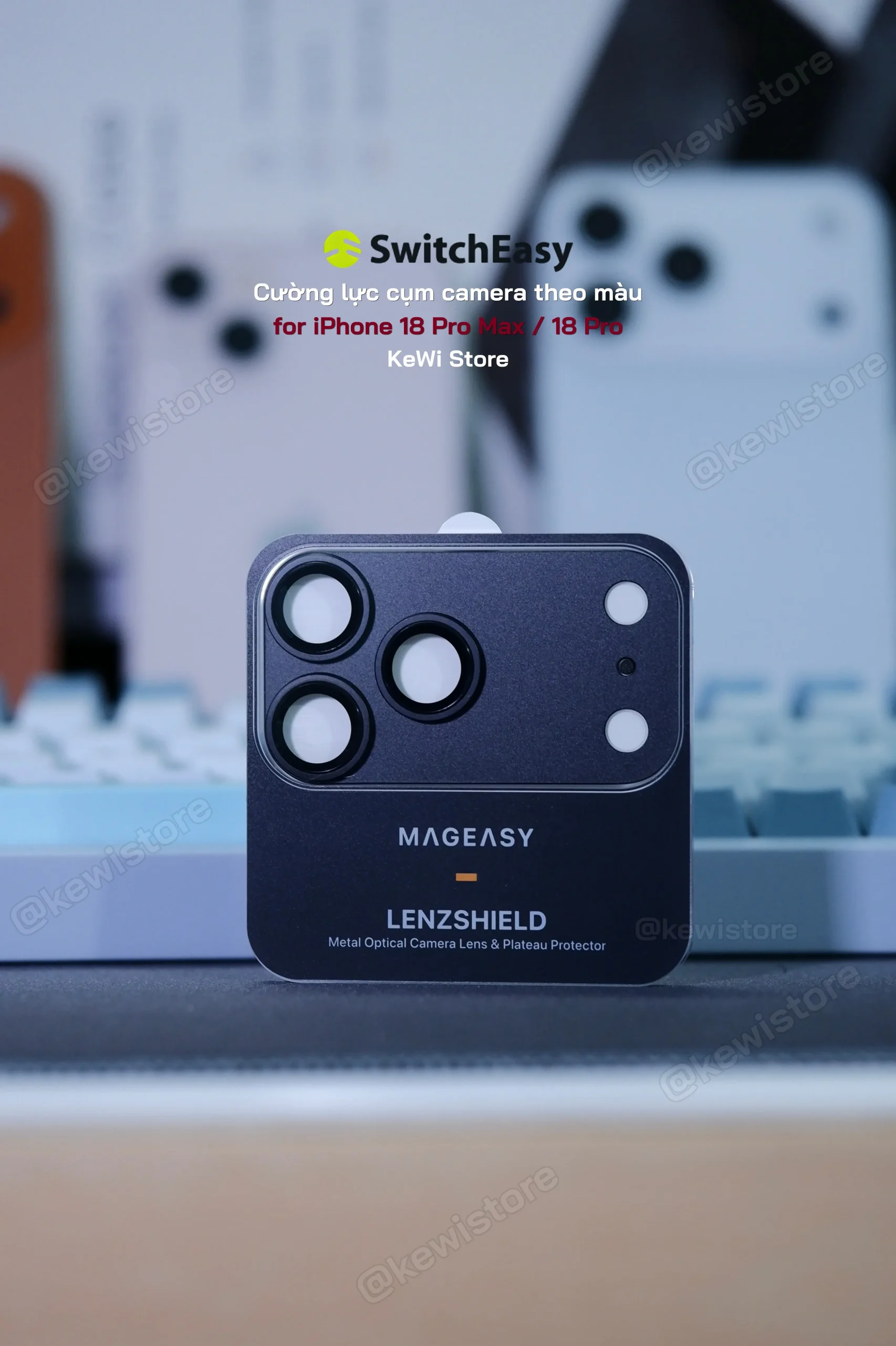 Miếng dán cụm lens camera Mageasy LenzShield cho iPhone 18 Pro Max và iPhone 18 Pro, thiết kế khung nhôm chuẩn màu máy kết hợp kính cường lực 9H bảo vệ ống kính.